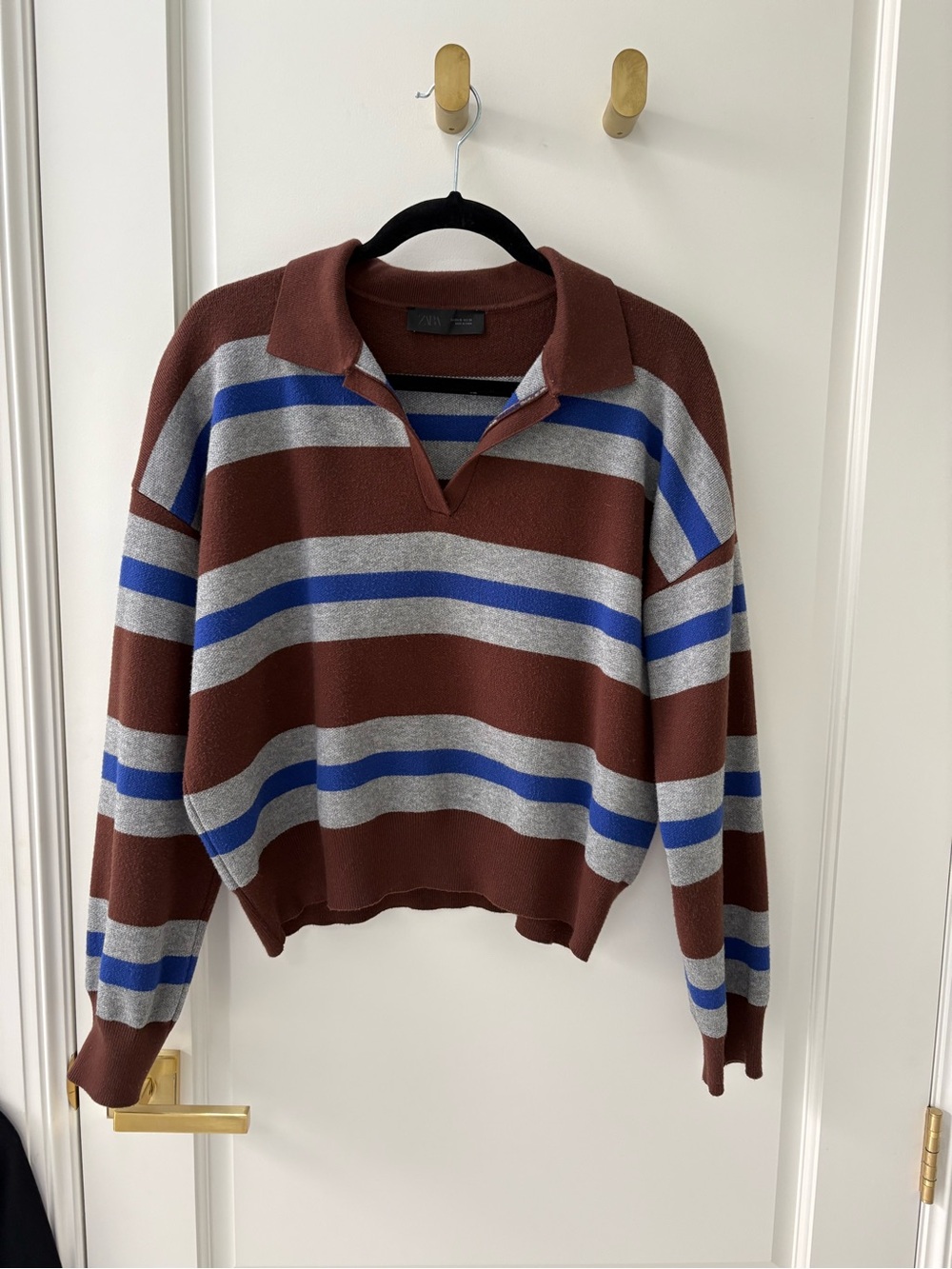 Zara Brown, Blue & Gray Striped V-Neck Sweater
